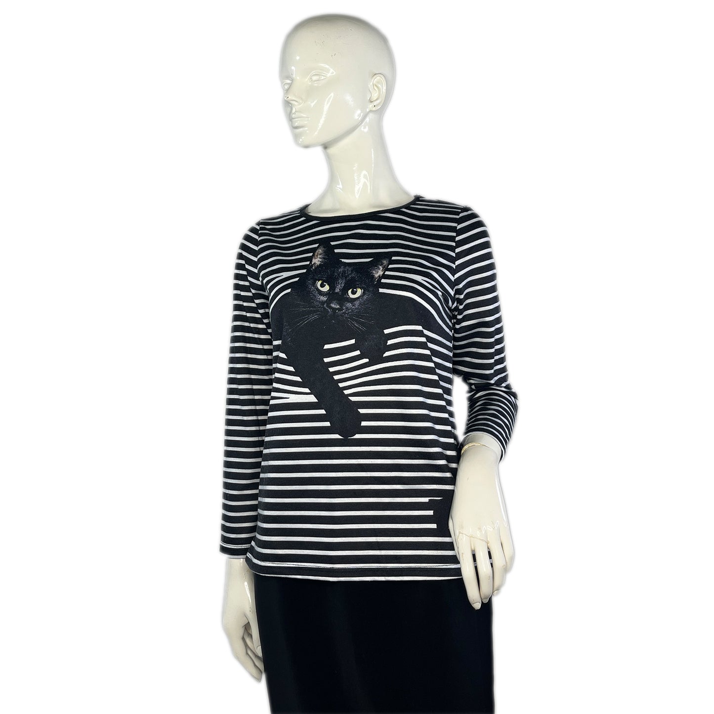 Mislook Top Long Sleeves Stripe Black Cat Black, White Size M SKU 000374-3