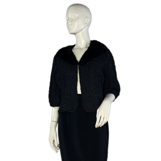 Pam Stewart Jacket Crop 3/4 Sleeves Fur Collar Black Size S/ M SKU 000042-3