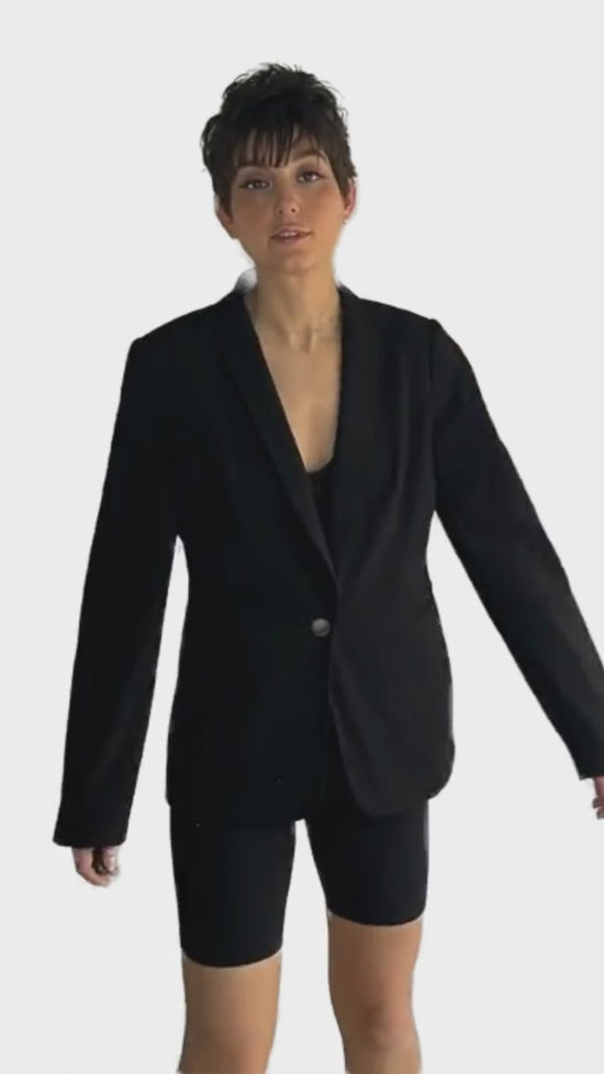 Load and play video in Gallery viewer, Calvin Klein 70&amp;#39;s Blazer Black Stretch Size 8 SKU 000022
