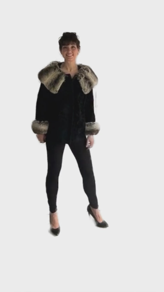 Load and play video in Gallery viewer, DK Coat Cropped Black Mink Fur Chinchilla Trim Tan  SKU 000333-2
