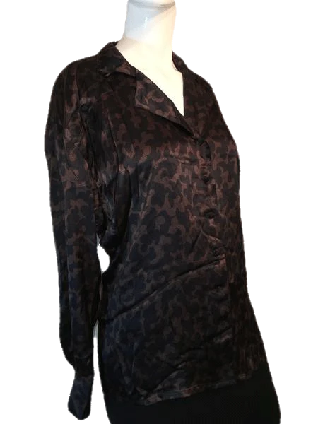 Escada 70's Black and Brown 100% Silk Long Sleeve Animal Print Shirt Size 7 SKU 000169