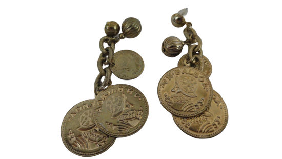 Earrings Dangle Stamped Coins Gold (SKU 004000-11)