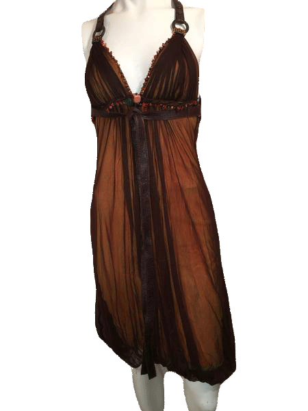 Maria Vazquez Leather, Sheer and Stones Brown and Orange Dress Size S SKU 000201