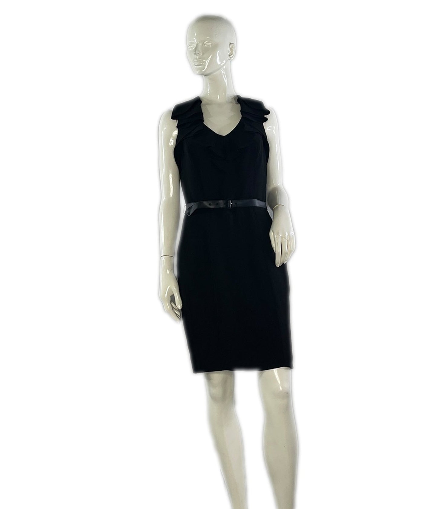 Calvin Klein Dress Above-Knee Ruffle Neck w Belt Black Size 8 SKU 0001 Designers On A Dime Calvin Klein Dress Above-Knee Ruffle Neck w Belt Black Size 8 SKU 0001 Designers On A Dime