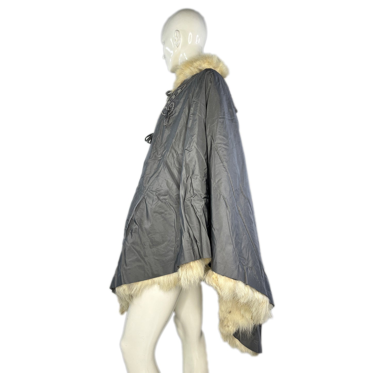 Cape Fur Lining Embroidery & Tassel Details Gray, Cream Size L/ XL SKU 000378-1