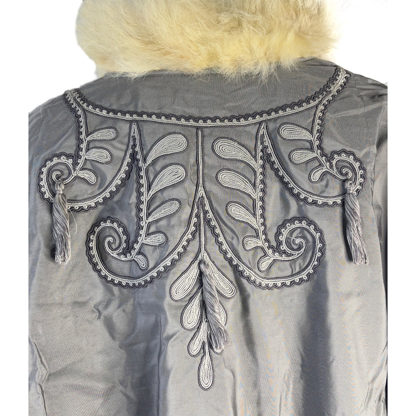 Cape Fur Lining Embroidery & Tassel Details Gray, Cream Size L/ XL SKU 000378-1