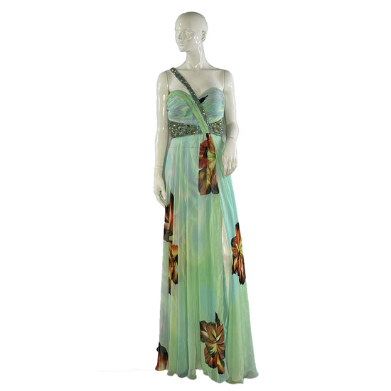 Cassandra Stone Gown One-Shoulder Rhinestone Embellished Floral Mint, Orange Size 6 SKU 000365-5