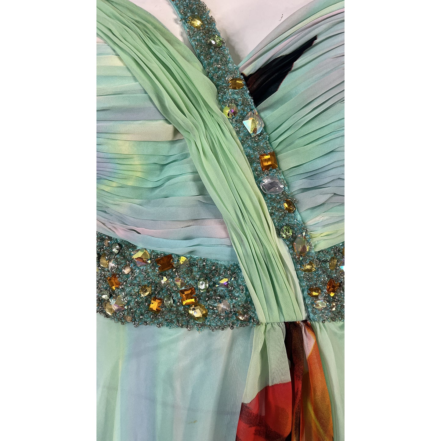 Cassandra Stone Gown One-Shoulder Rhinestone Embellished Floral Mint, Orange Size 6 SKU 000365-5
