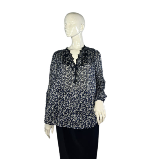 Lucky Brand Top Long Sleeve Sheer Floral Lace Detail Blue, White, Black Size M SKU 000267-4