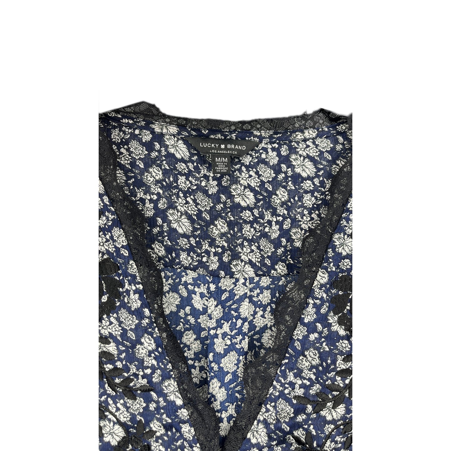 Lucky Brand Top Long Sleeve Sheer Floral Lace Detail Blue, White, Black Size M SKU 000267-4