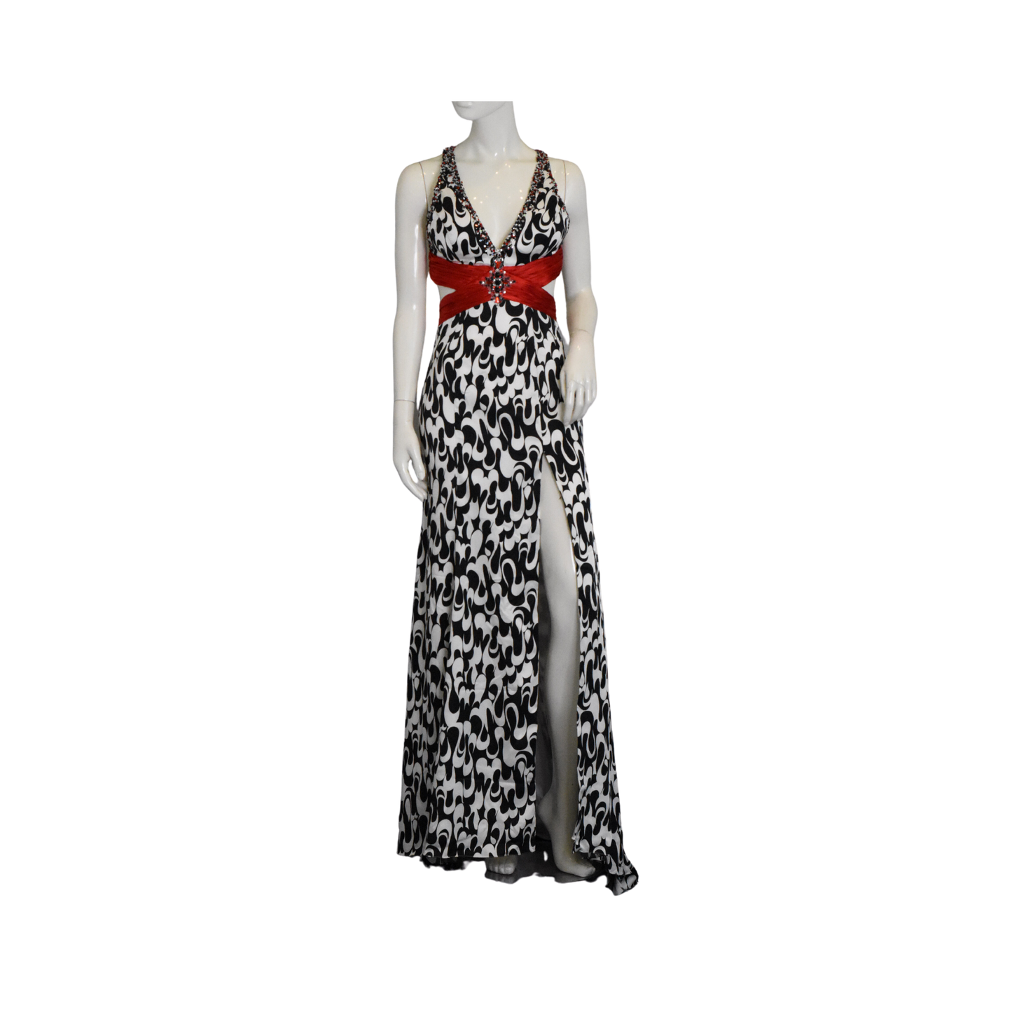 Nina Canacci Gown Halter-Neck Cut-Out Leg-Slit Black, White, Red Size 6 SKU 000340-2
