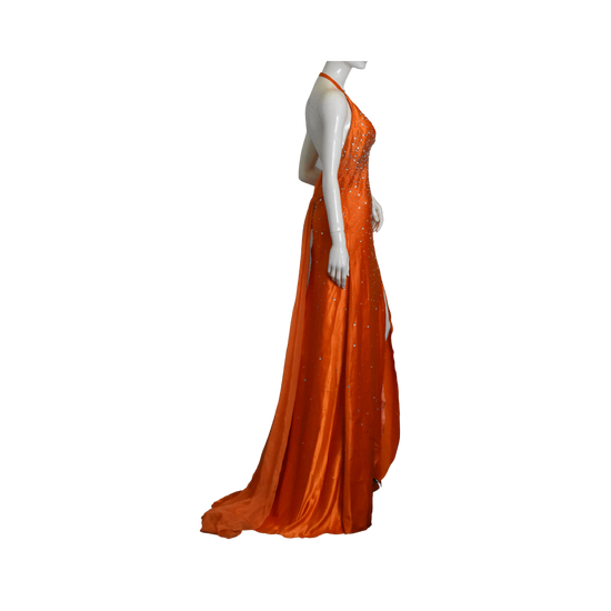 Nina Canacci Gown Halter-Neck Low-Back Rhinestone Embellished Orange Size 14 SKU 000342-1