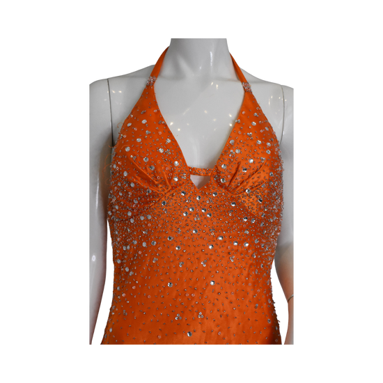 Nina Canacci Gown Halter-Neck Low-Back Rhinestone Embellished Orange Size 14 SKU 000342-1