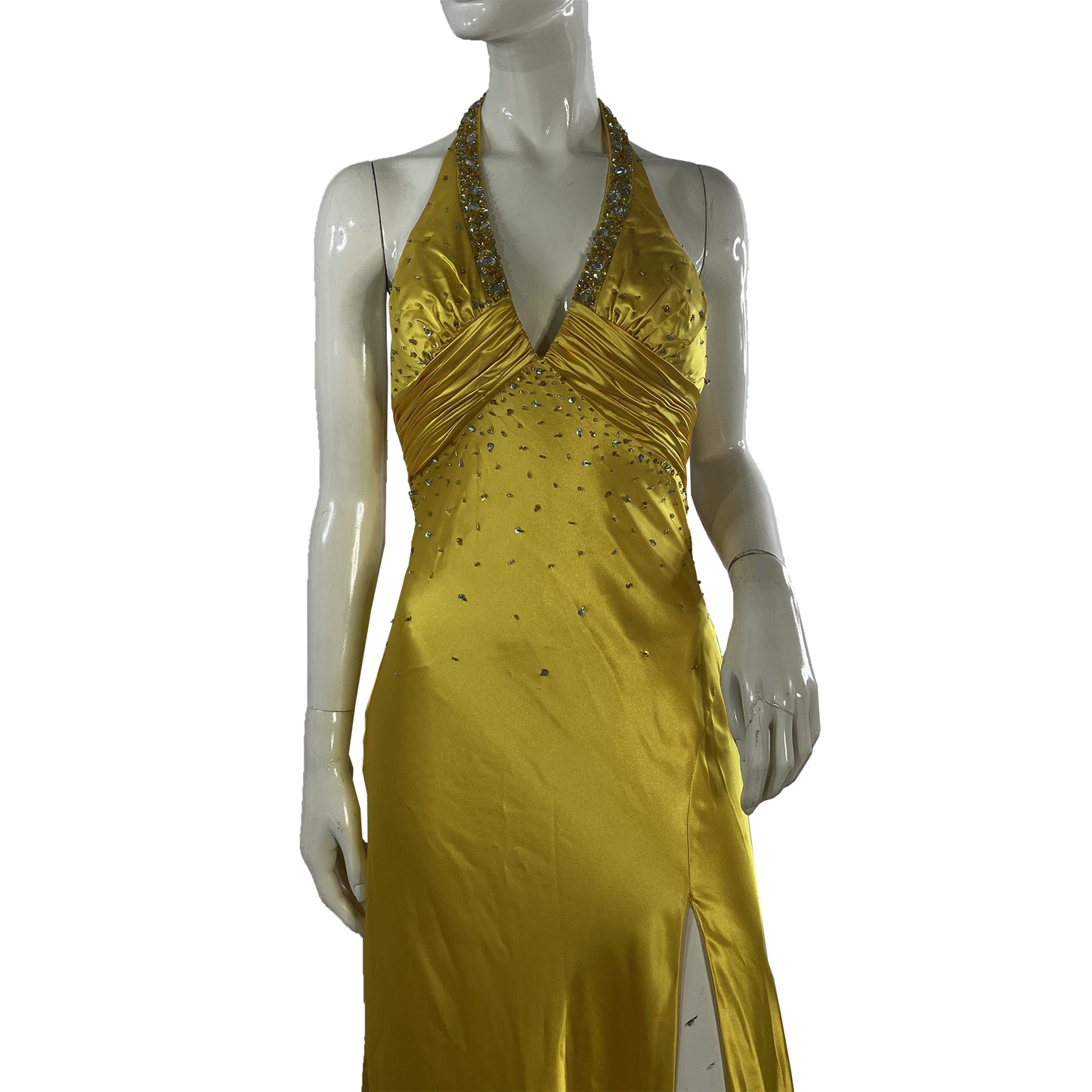 Nina Canacci Gown Halter Leg-Slit Embellished Yellow Size 4 SKU 000407-3