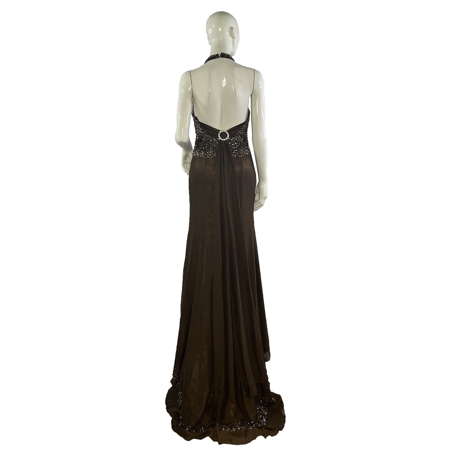 Riva Designs Gown Halter Low-Back w Rhinestone-Circle Leg-Slit Embellished Brown, Silver Size 8 SKU 000407-2