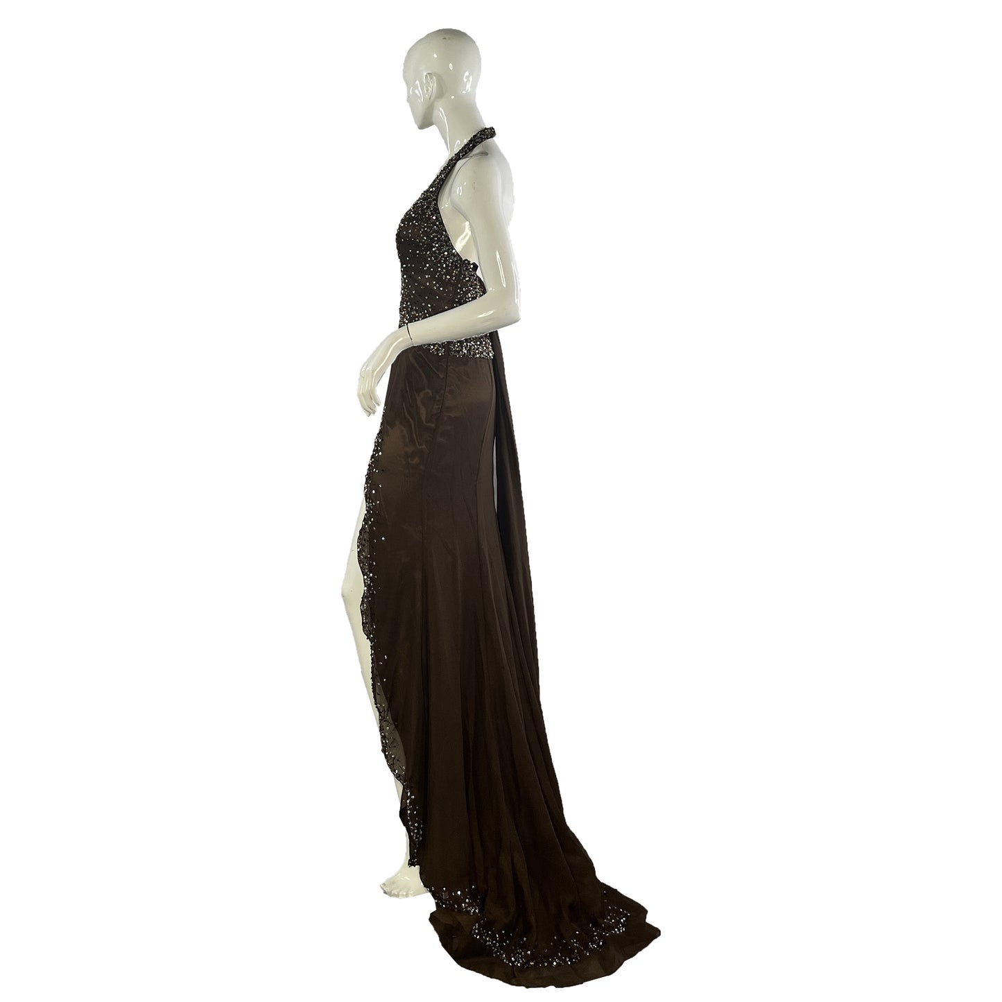 Riva Designs Gown Halter Low-Back w Rhinestone-Circle Leg-Slit Embellished Brown, Silver Size 8 SKU 000407-2