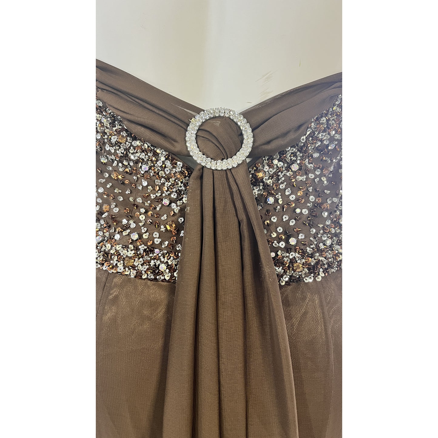 Riva Designs Gown Halter Low-Back w Rhinestone-Circle Leg-Slit Embellished Brown, Silver Size 8 SKU 000407-2