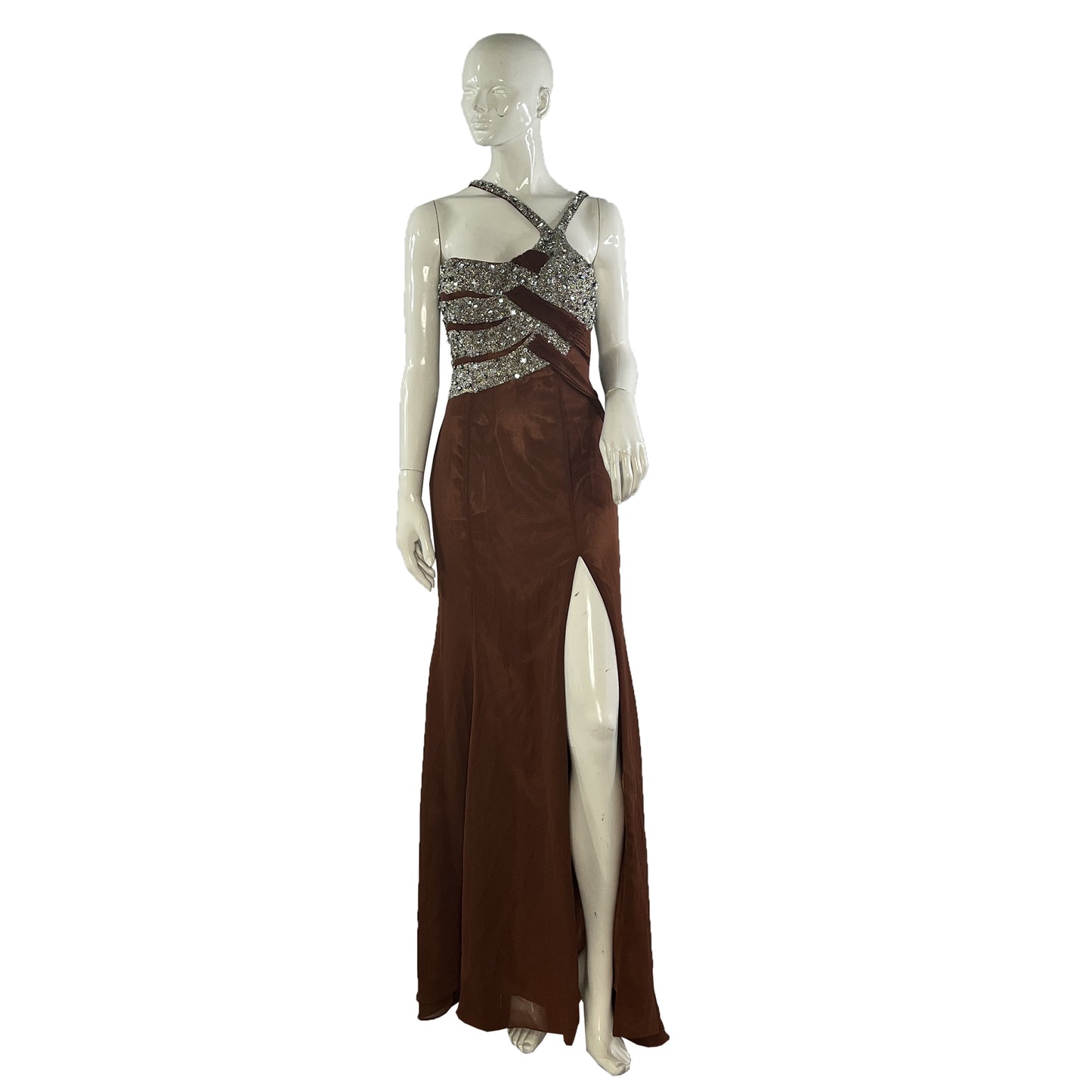 Riva Designs Gown One-Shoulder-Halter Embellished Leg-Slit Brown, Silver Size 8 SKU 000369-1
