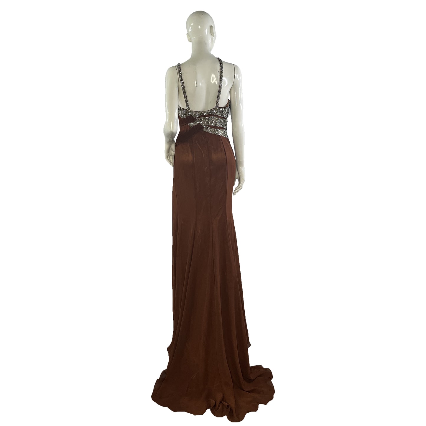 Riva Designs Gown One-Shoulder-Halter Embellished Leg-Slit Brown, Silver Size 8 SKU 000369-1