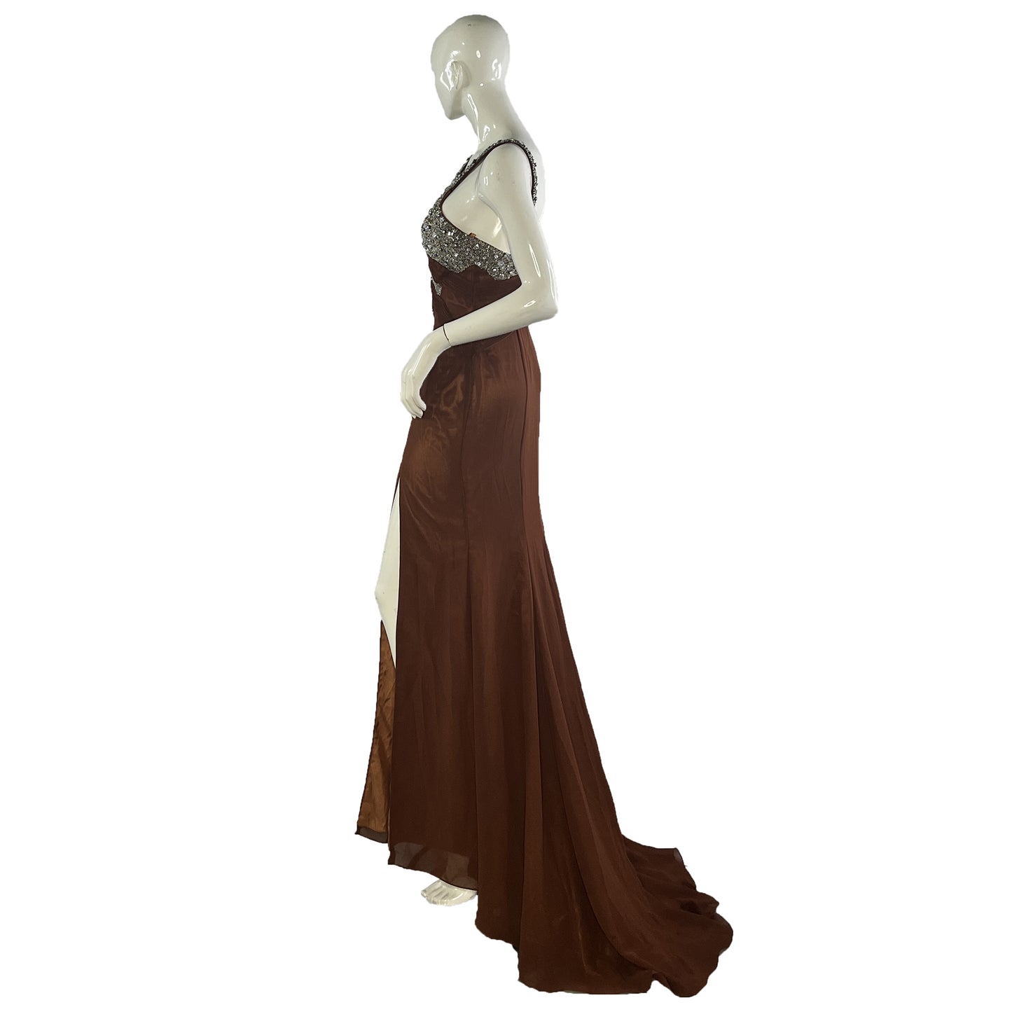 Riva Designs Gown One-Shoulder-Halter Embellished Leg-Slit Brown, Silver Size 8 SKU 000369-1