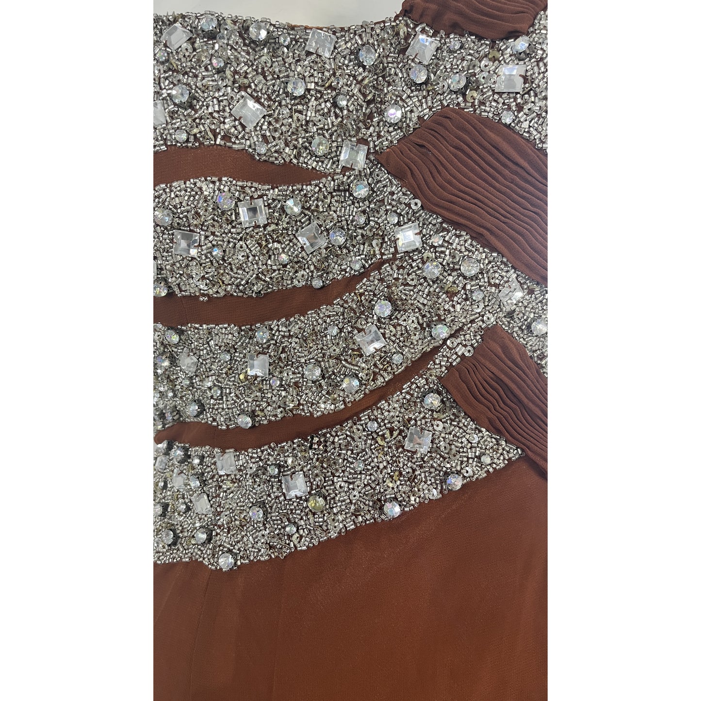 Riva Designs Gown One-Shoulder-Halter Embellished Leg-Slit Brown, Silver Size 8 SKU 000369-1
