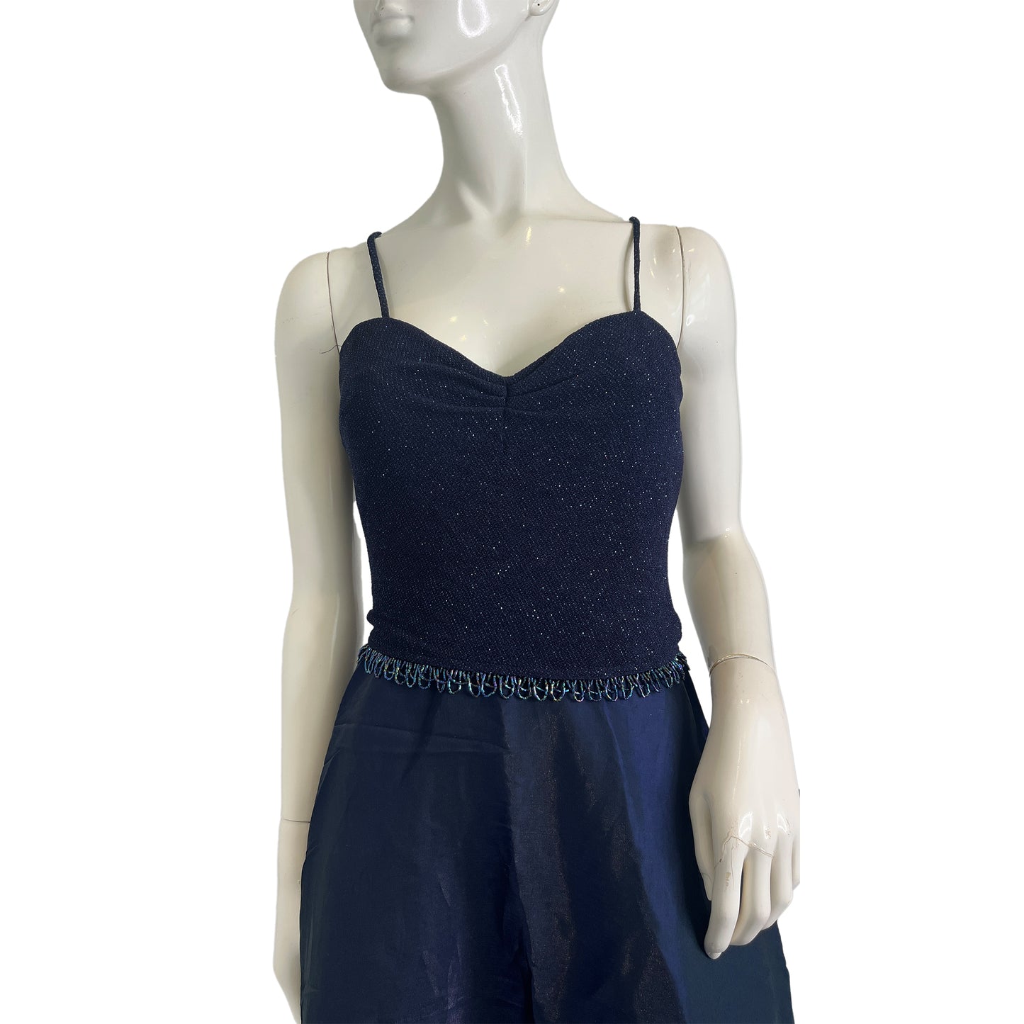 Scott McClintock Gown Spaghettis Strap Sparkle Bodice Fringe Beading Navy Size 4 SKU 000350-3