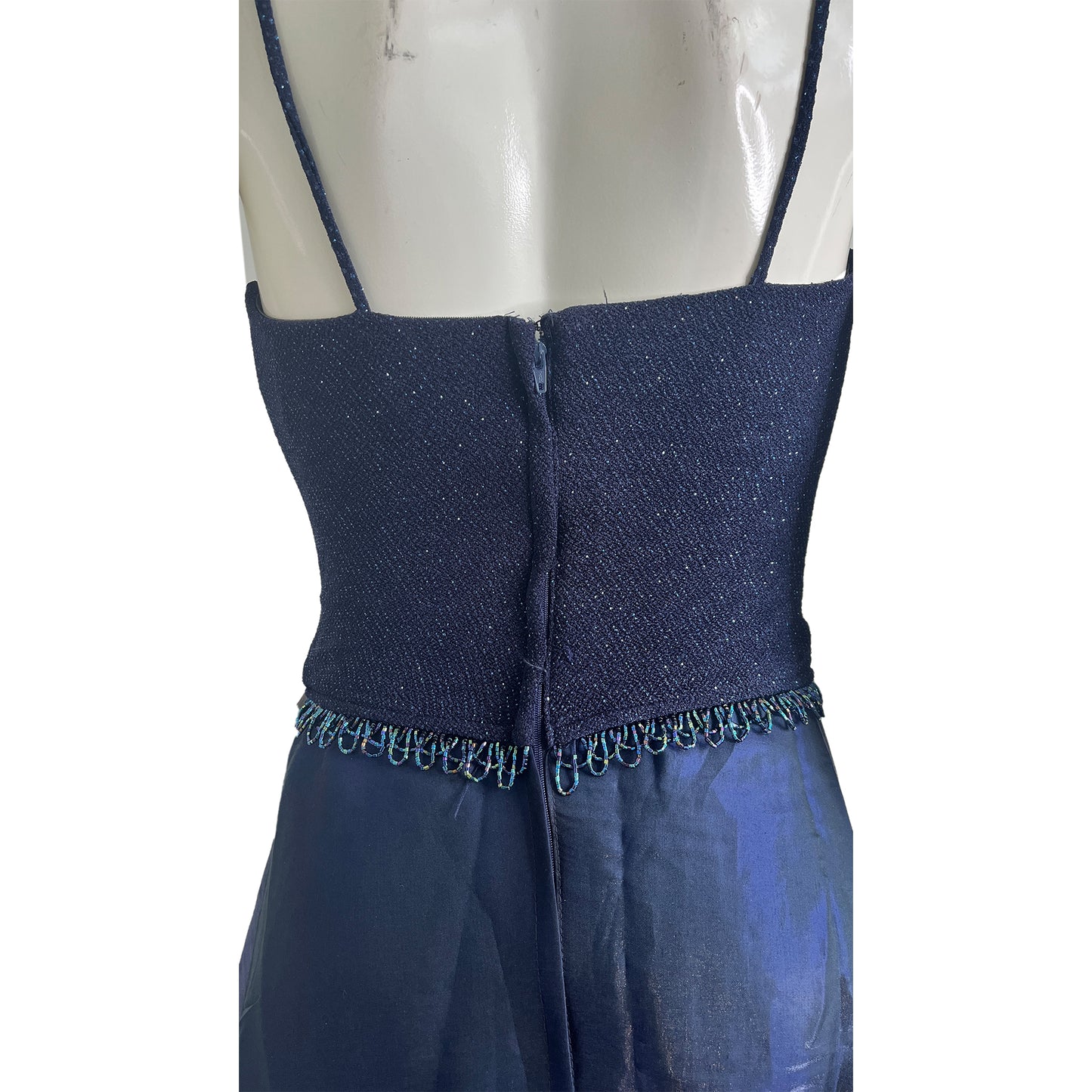 Scott McClintock Gown Spaghettis Strap Sparkle Bodice Fringe Beading Navy Size 4 SKU 000350-3