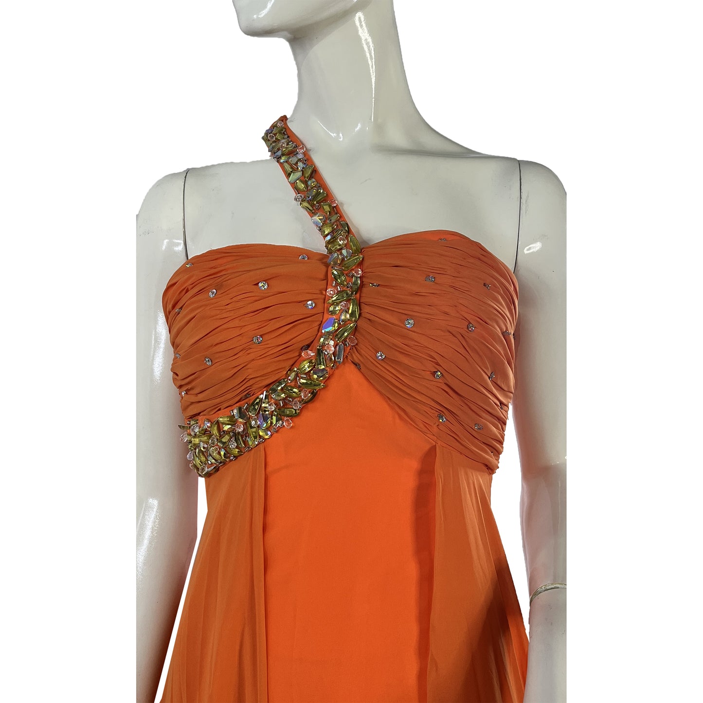Tiffany Designs Gown Embellished One-Shoulder w Tulle-Watteau-Train Bright Orange Size 6 SKU 000369-6