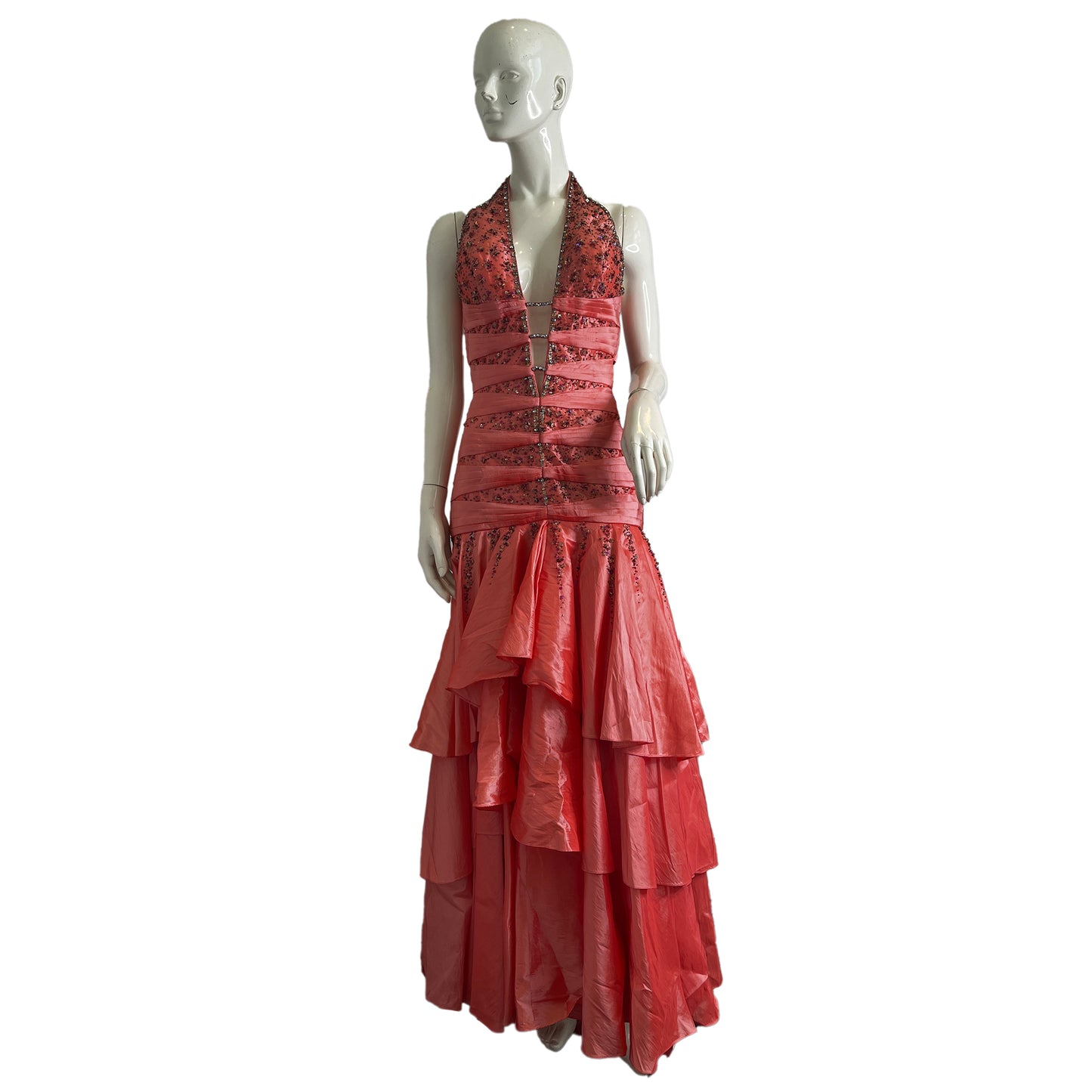 Tiffany Designs Gown Sleeveless Deep V-Neck Tiered-Skirt Embellished Pink Size 8 SKU 000352-1