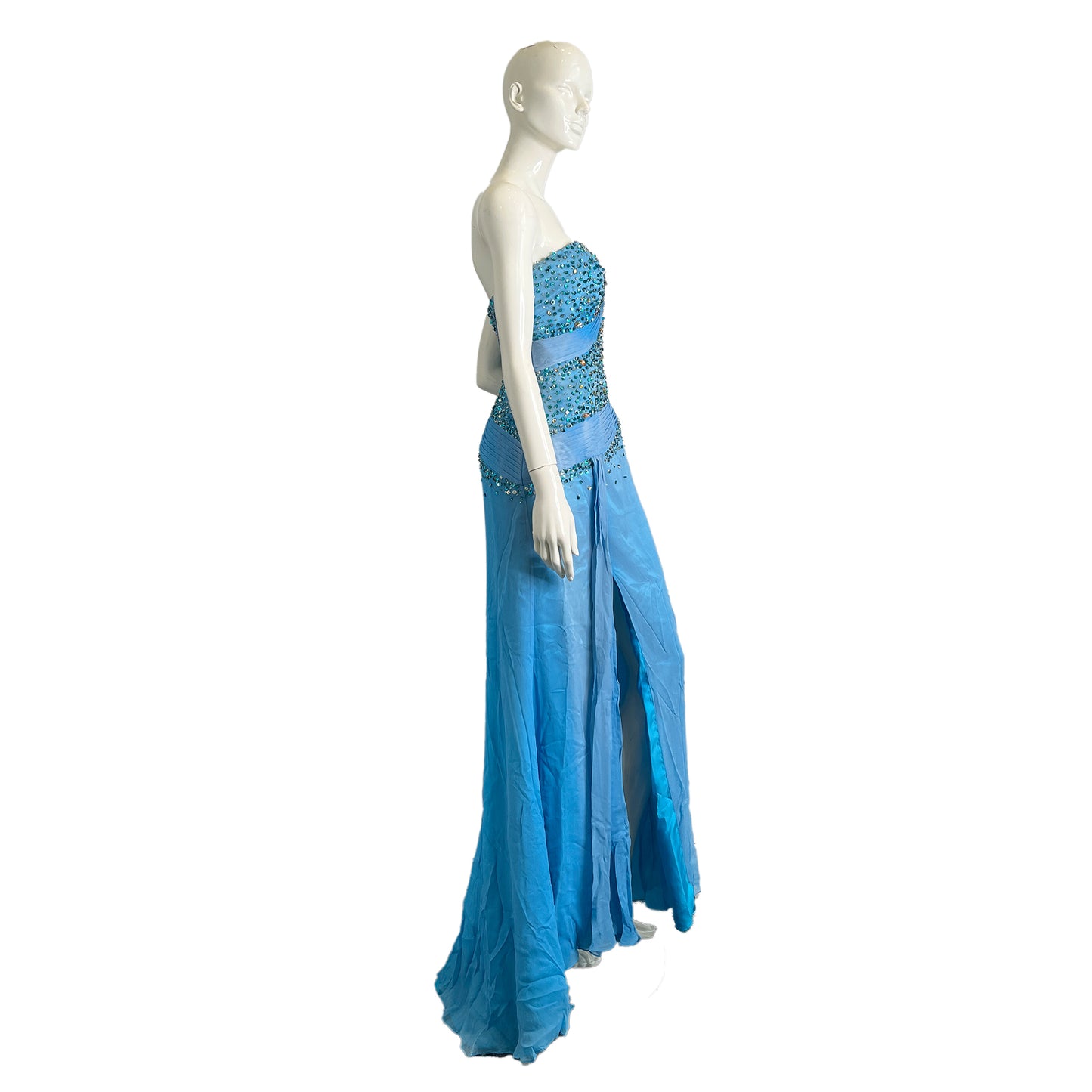Tiffany Designs Gown Strapless Rhinestone Embellished Bodice Leg-Slit Light Blue Size 12 SKU 000351-2