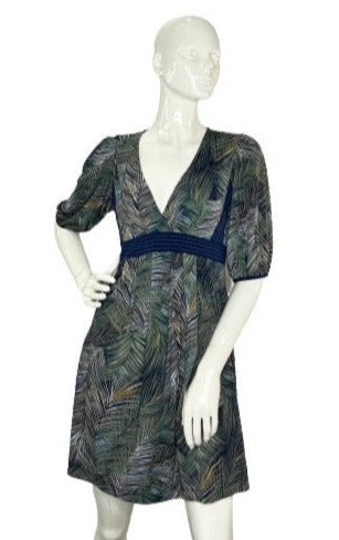 BCBG Dress 3/4 Sleeve Palm Print Midi Blue & Green Sz S SKU 000061-1