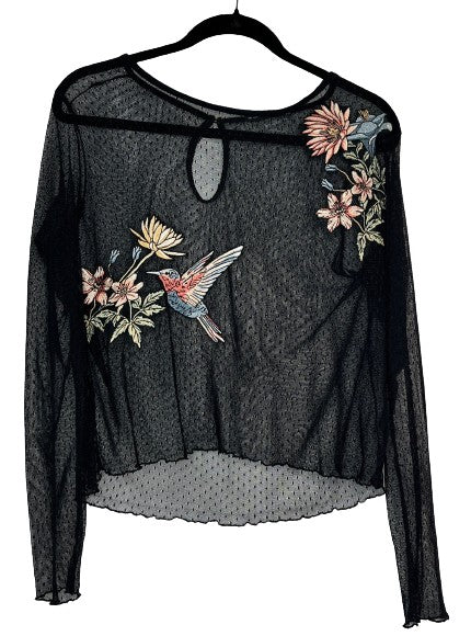 Bershka Sheer Long Sleeve Top w Floral Embroidery Black Sz L LSSKU 605-130