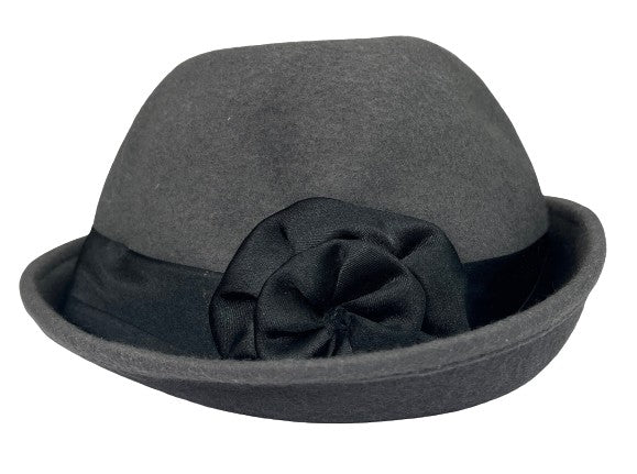 Hat Cloche/ Fedora w Floral Detail Gray & Black One Size SKU 000427