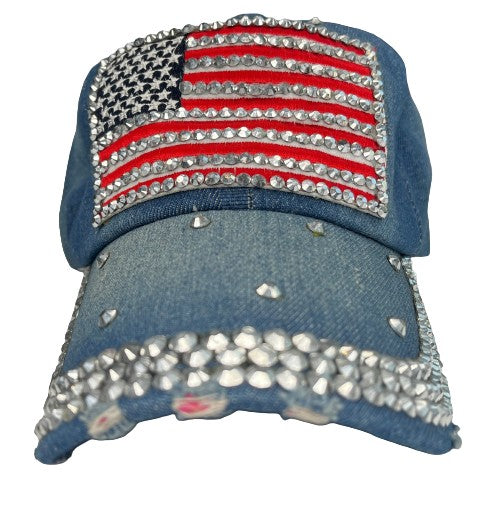 SOLD Hat Baseball Cap American Flag Rhinestone Embellished Denim  SKU 000427