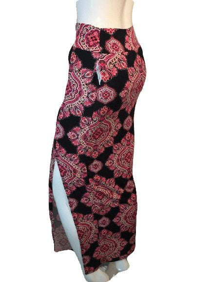 90's FLORAL MAXI SKIRT Pink and Black Ankle Length Small Stretch Sz S NWT SKU 000126