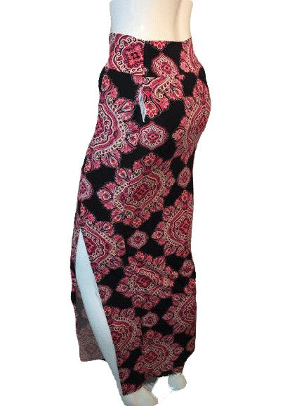 90's FLORAL MAXI SKIRT Pink and Black Ankle Length Stretch Large Skirt SKU 000126