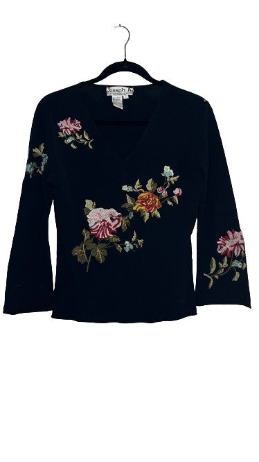 Joseph A. Floral Embroidered Top Black Sz L LSSKU 602-63