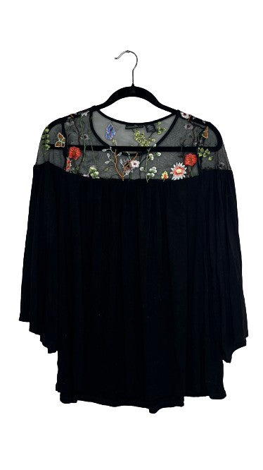 Liz Claiborne Long Sleeve Top w Mesh & Floral Detail Black Sz 0X LSSKU 607-24