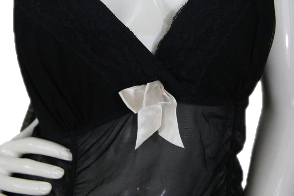 Load image into Gallery viewer, Flora&amp;#39;s Follies 70&amp;#39;s Black Sheer Chemise with Ribbon Trim Size 1X SKU 000174

