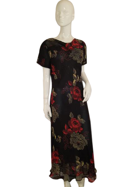 Plaza South 70's Short Sleeved Black Double Layer Sheer Floral W/Red Flowers And Ruffles Long Dress Size 12 SKU 000136