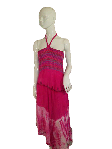 Ace Fashion Halter W/Neck Tie Pink W/Multi Color Embroidery Mid Length Springtime Dress Size One Size Fit All SKU 000136