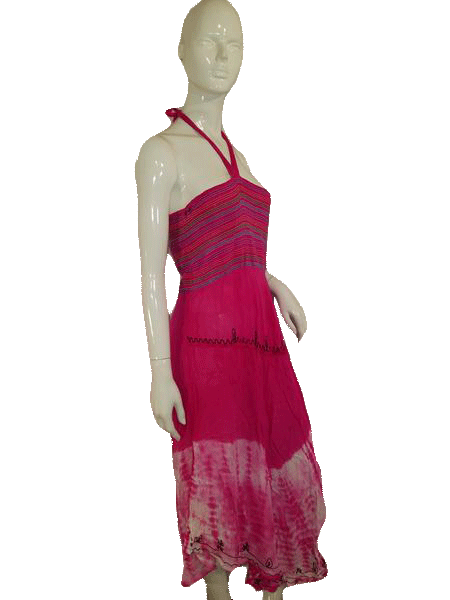 Ace Fashion Halter W/Neck Tie Pink W/Multi Color Embroidery Mid Length Springtime Dress Size One Size Fit All SKU 000136