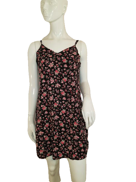 Load image into Gallery viewer, Wet Seal 80&amp;#39;s Dress Black with Pink Floral Print Size Large SKU 000136
