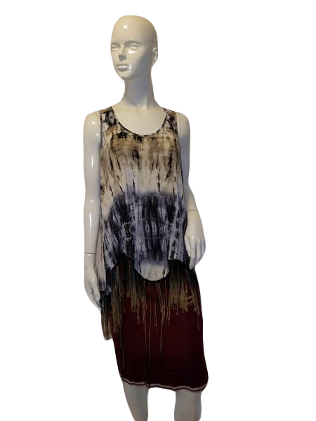 Load image into Gallery viewer, Shanley Sleeveless Wht, Blk, Blue, and Tan Tie Dye W/Bottom Fringe Top Size M SKU  000127
