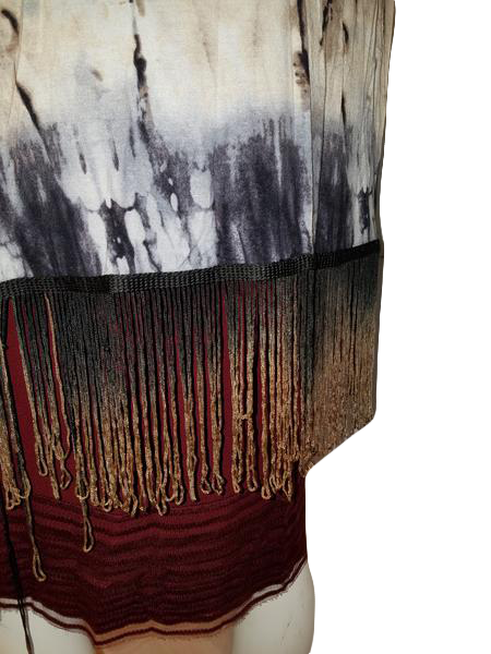 Load image into Gallery viewer, Shanley Sleeveless Wht, Blk, Blue, and Tan Tie Dye W/Bottom Fringe Top Size M SKU  000127
