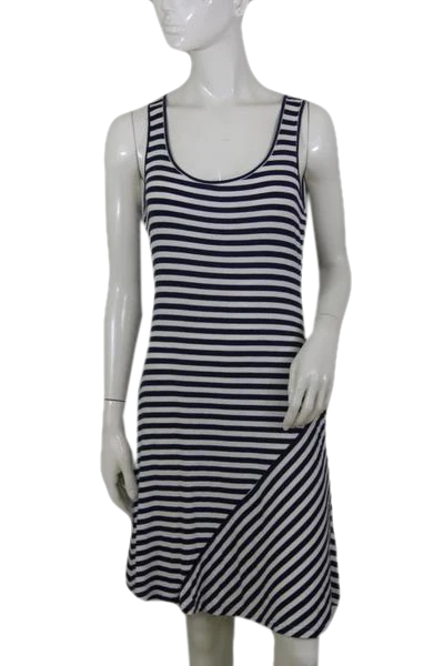 Calvin Klein 70's Blue and White Striped Rayon Nautical Style Dress Size 6 SKU 000172