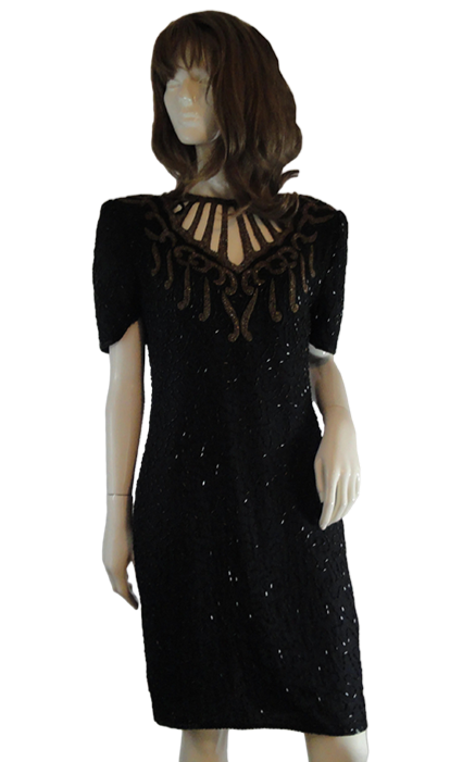 Load image into Gallery viewer, Laurence Kazar 80&amp;#39;s Cocktail Dress Black Beaded Size L SKU 000247-6
