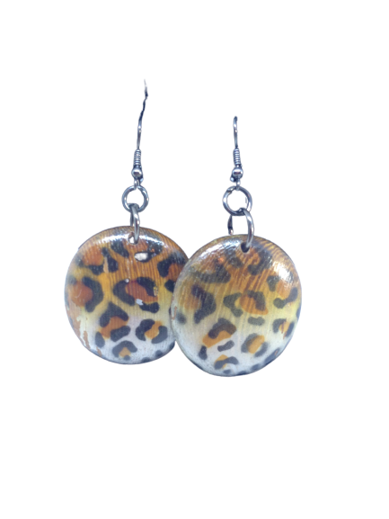 Dangly Earrings Round Wooden Leopard Print (SKU 000083)
