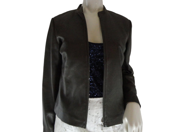 Load image into Gallery viewer, SOLD Ann Taylor Leather Jacket Olive Green Sz Small SKU 000074
