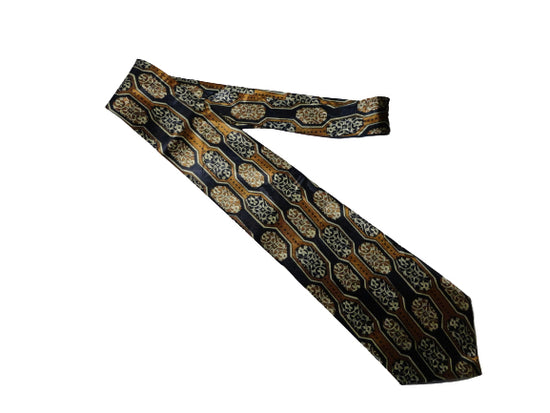 Men's Dino Romaro Navy Blue Tie W/Bronze & Cream Print SKU 000284-2 Bg1